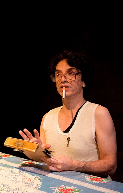 Production still for the Griffin Theatre season of "Angela's Kitchen". Paul Capsis. Photographer: Brett Boardman