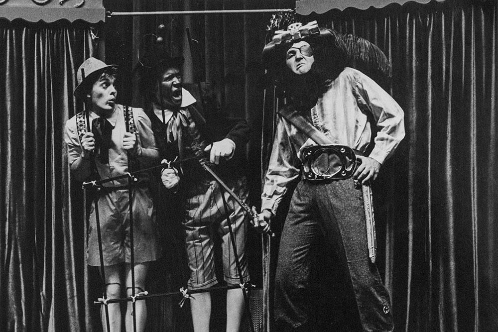 Production still for "The New Adventures of Pinocchio". L-R: Gary Samolin as Pinocchio, Philip Page as Jiminy Cricket, Ross Williams as Fearless Captain Cook. Photographer: Unknown