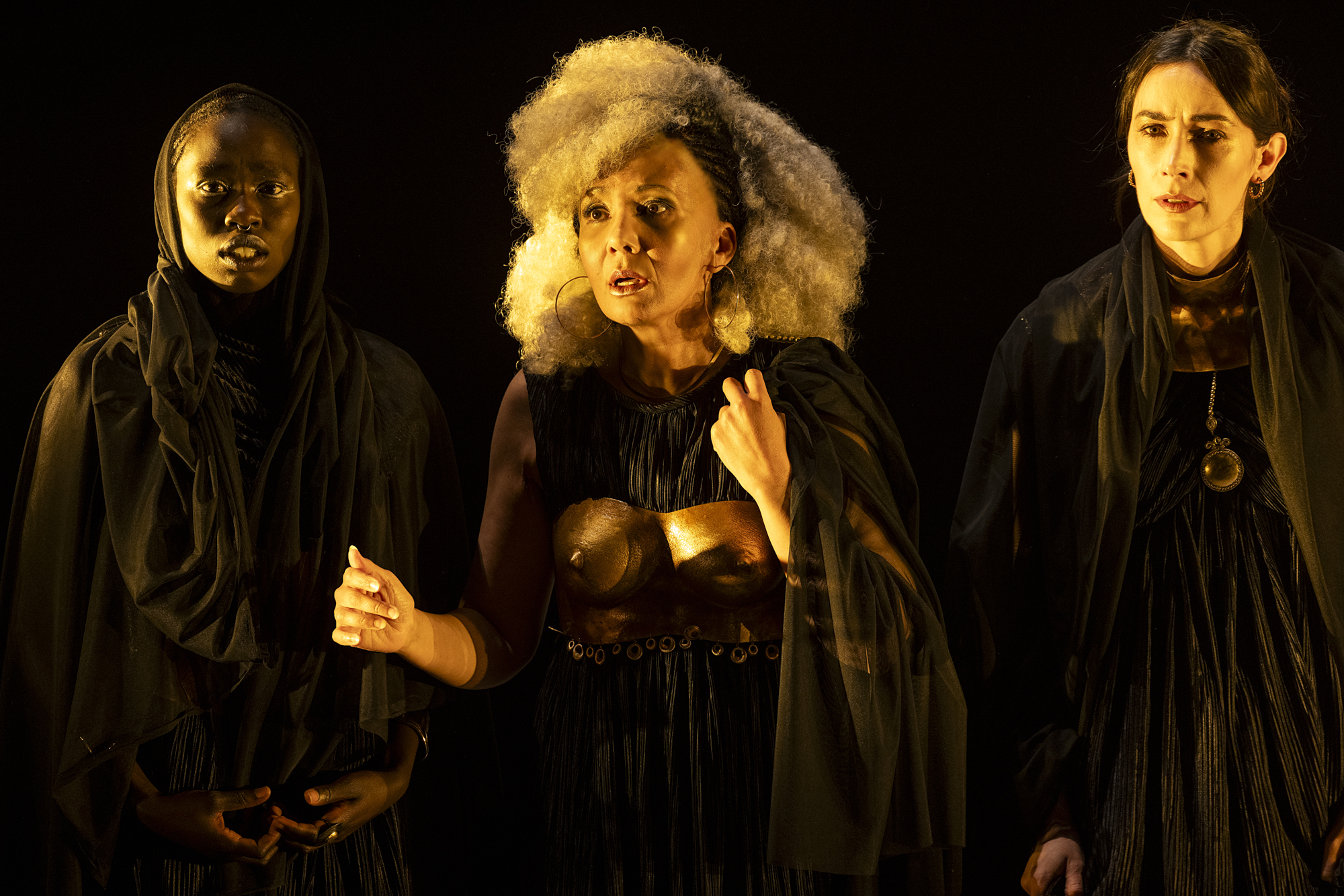 Production photography from TROY (2025) / Photographer: Pia Johnson / Featuring: Ciline Ajobong, Paula Arundell & Geraldine Hakewill