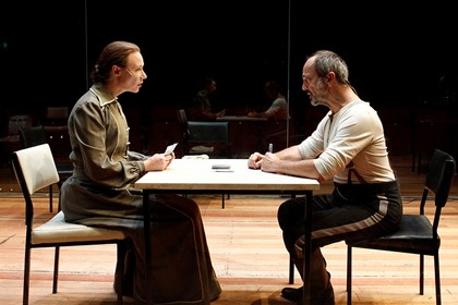 Production still for "Dance of Death". L-R: Belinda McClory as Alice, Jacek Koman as Edgar. Photographer: Jeff Busby