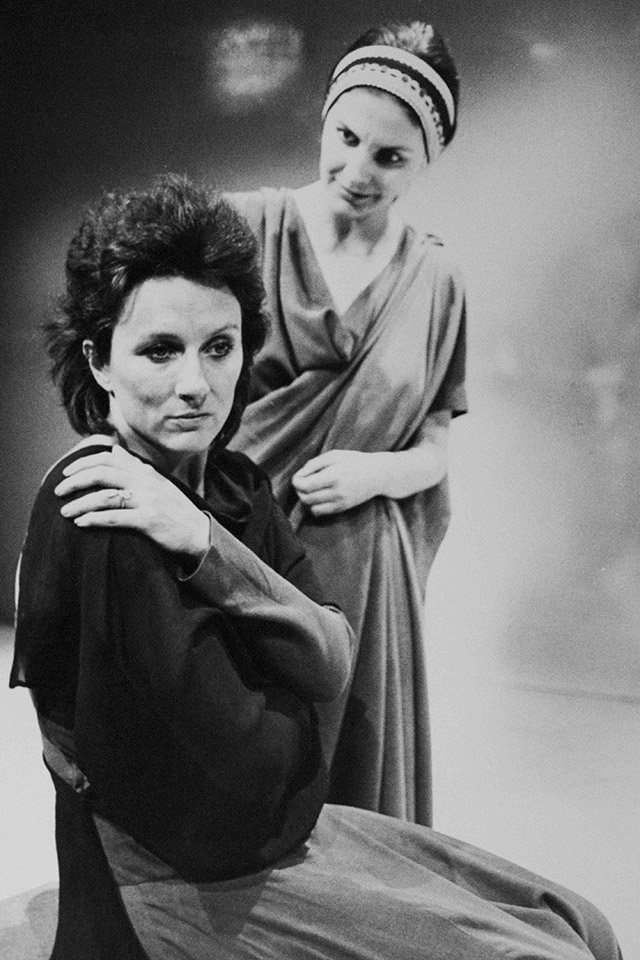 Production still for "Antony and Cleopatra". Lindy Davies as Cleopatra (left). Photographer: Vikki Driscoll