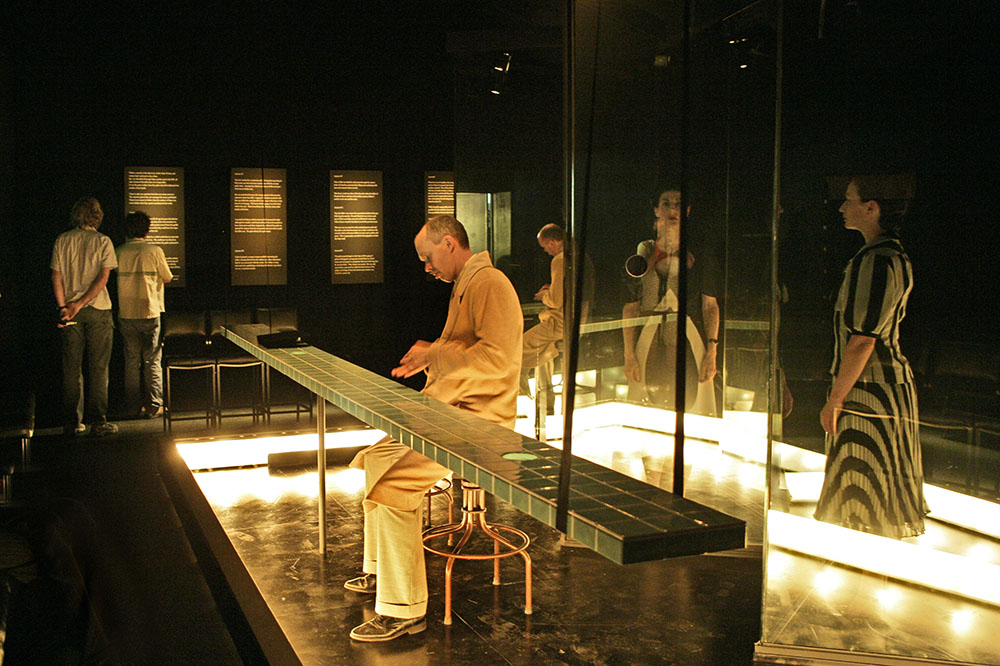 Production still for "Black". L-R: Stephen Armstrong (Malthouse Executive Producer) and Michael Kantor (Artistic Director) with  performers James Wardlaw, Moira Finucane, Caroline Lee. Photographer: Jeff Busby