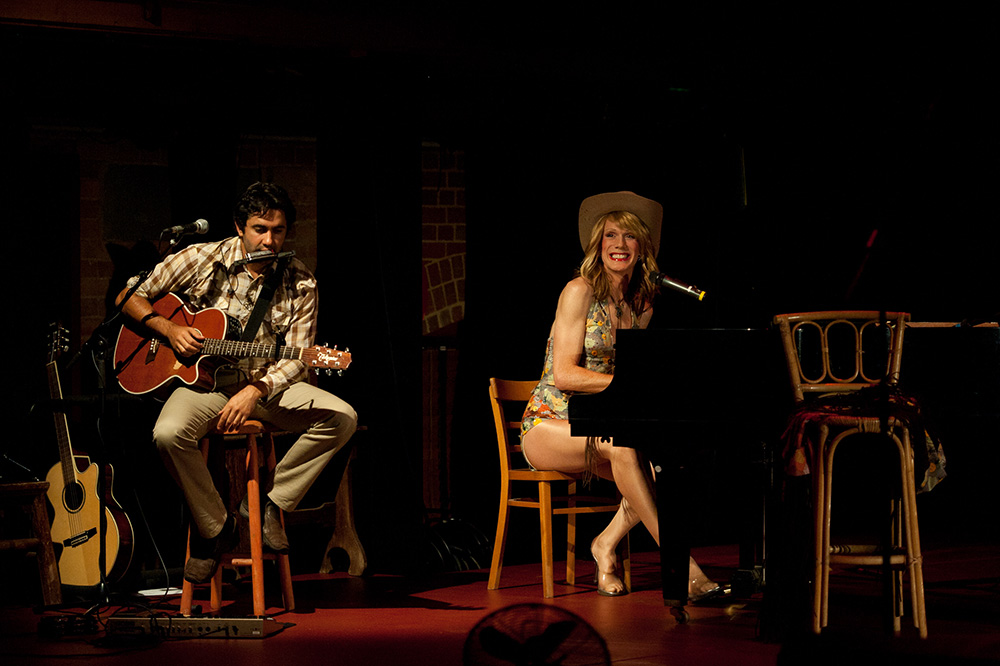 Production still for "Tina C: Sorry Seems to be the Hardest Word". L-R: James Henry, Christopher Green. Photographer: Lachlan Woods