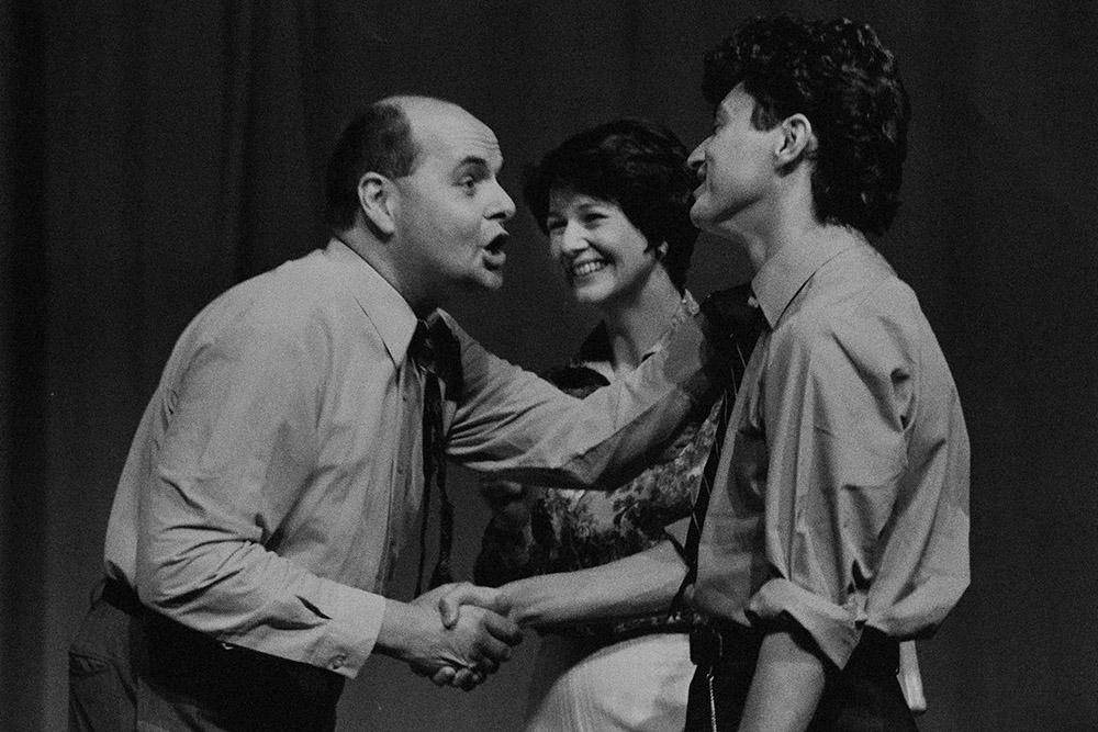 Production still for "Away". L-R: Ross Williams, Jillian Murray, Michael Allen. Photographer: Jeff Busby