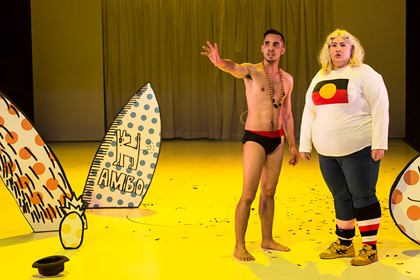 Production still for "Blaque Showgirls". L-R: Guy Simon, Bessie Holland as Ginny Jones. Photographer: Pia Johnson
