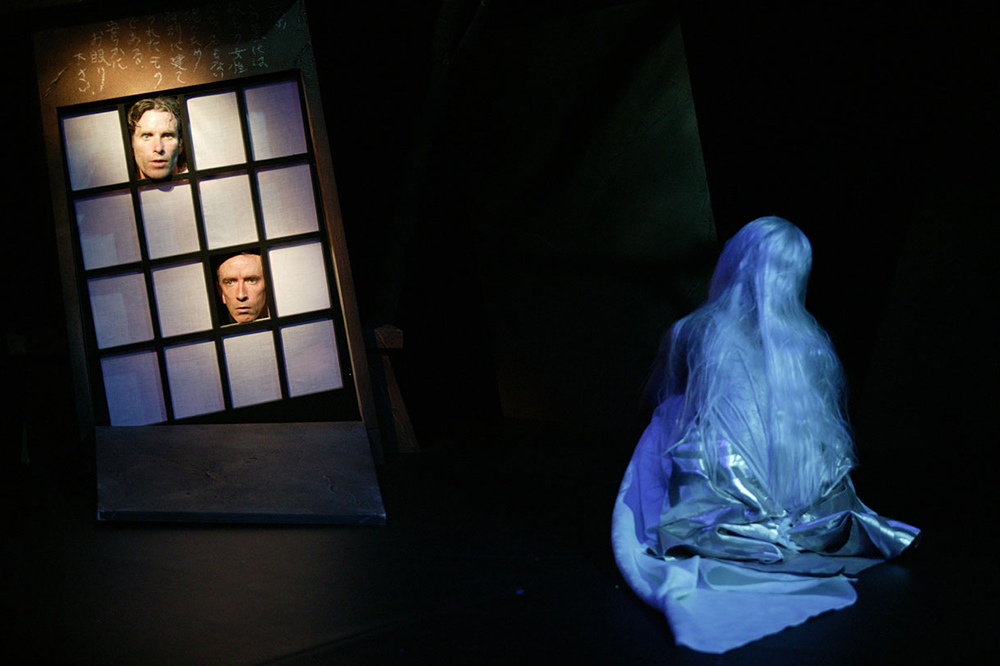 Production still for "DasSHOKU Hora!". L-R: Ben Rogan, Matthew Crosby, Yumi Umiumare. Photographer: Jeff Busby