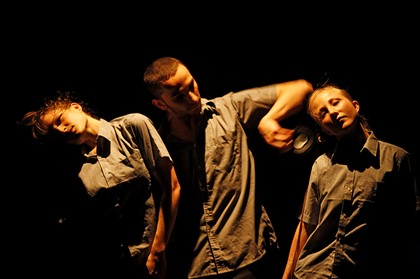 Production still for "Rogue". L-R: Laura Levitus, Derrick Amanatidis, Danielle Canavan. Photographer: Jeff Busby