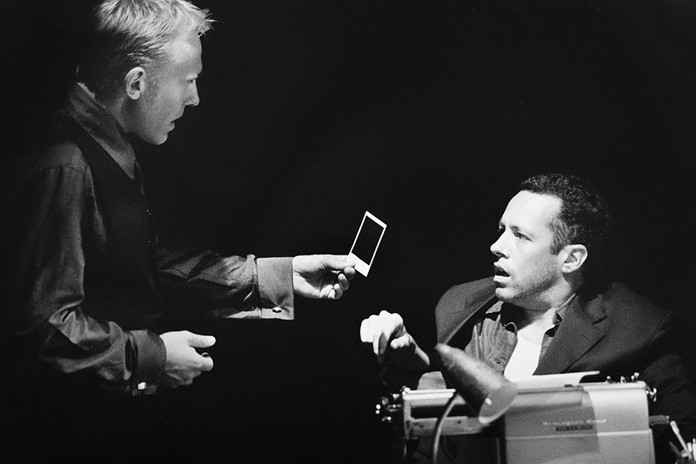 Production still for "Chilling and Killing My Annabel Lee". L-R: Wayne Hope as Detective Douglas Wesin, Marco Chiappi as Edgar Lansdowne. Photographer: Jeff Busby