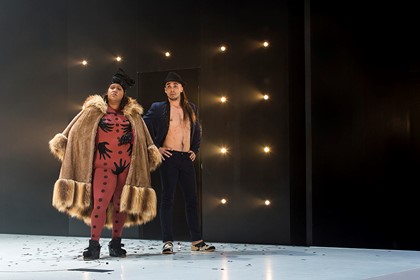 Production still for "Blaque Showgirls". L-R: Elaine Crombie as Chandon Connors, Guy Simon. Photographer: Pia Johnson