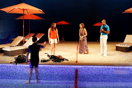 Production still for "Timeshare". L-R: Fayssal Bazzi, Brigid Gallacher, Marg Downey, Bert LaBonté. Photographer: Jeff Busby